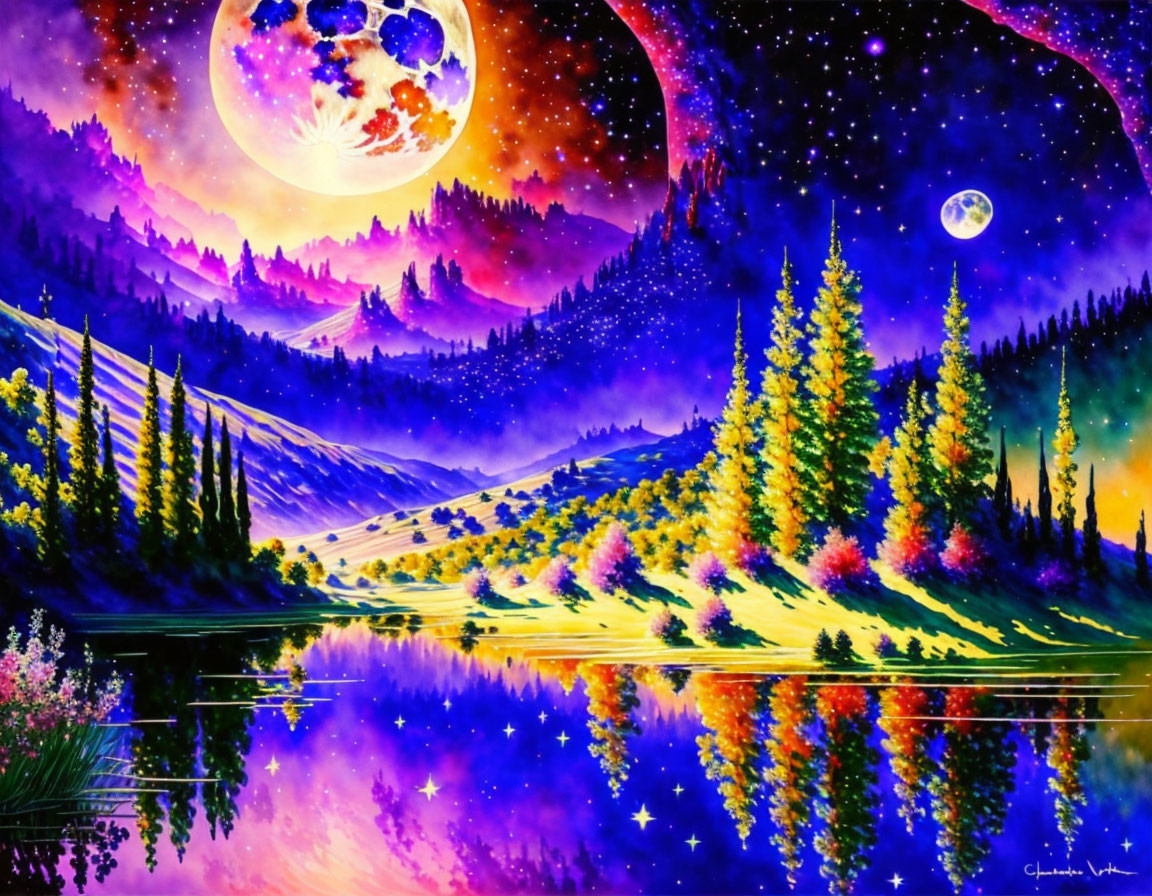 Nighttime landscape painting with moon, stars, lake, pine trees, and colorful flowers