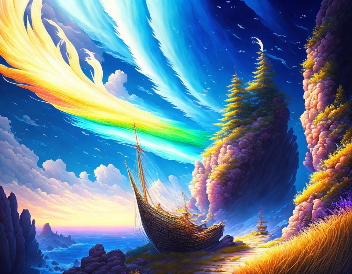 Colorful Fantasy Landscape with Ship, Skies, Clouds, and Vegetation