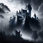 Moonlit fantasy landscape with towering castle and misty forests