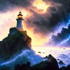 Stormy seascape with lighthouse on cliff, crashing waves, lightning, full moon.