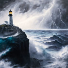 Stormy sea lighthouse on rocky cliff with lightning and turbulent clouds