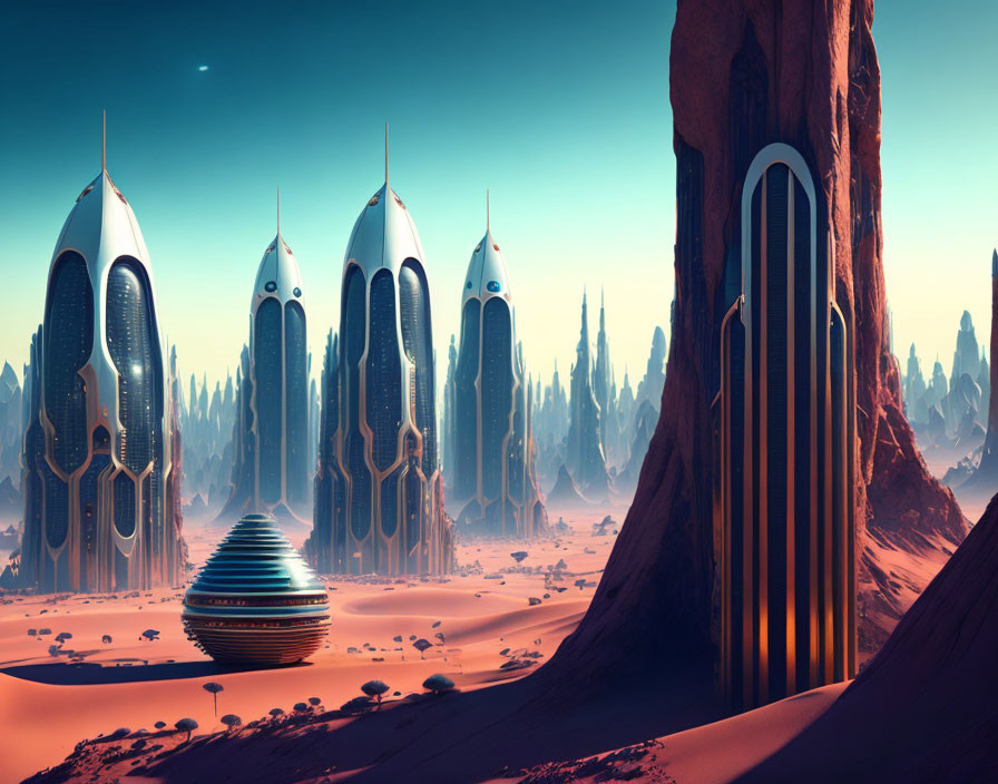 Sleek futuristic desert cityscape with towering structures and alien planet.