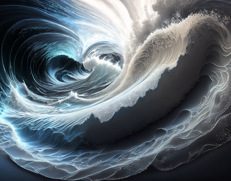 Swirling wave with intricate foam patterns and glowing light.