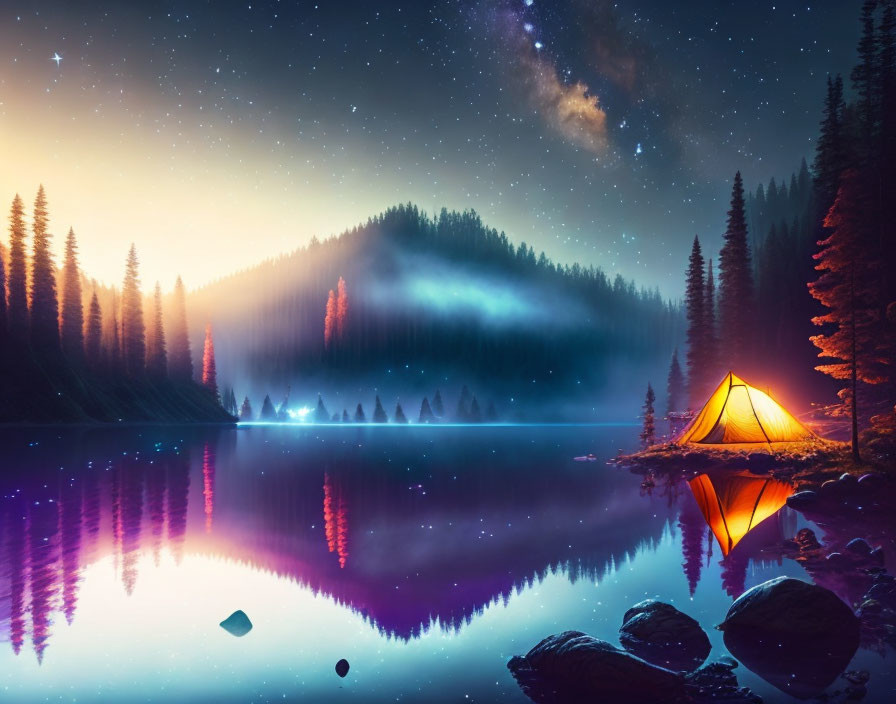 Twilight scene: Glowing tent near serene lake with stars, pine trees, mist.