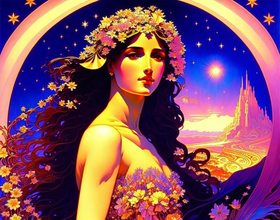 Colorful woman with flower crown in cosmic scene