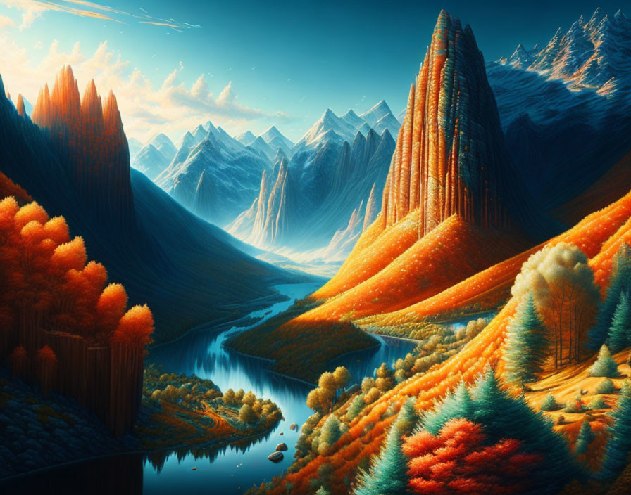 Colorful Mountains and Serene River in Fantasy Landscape