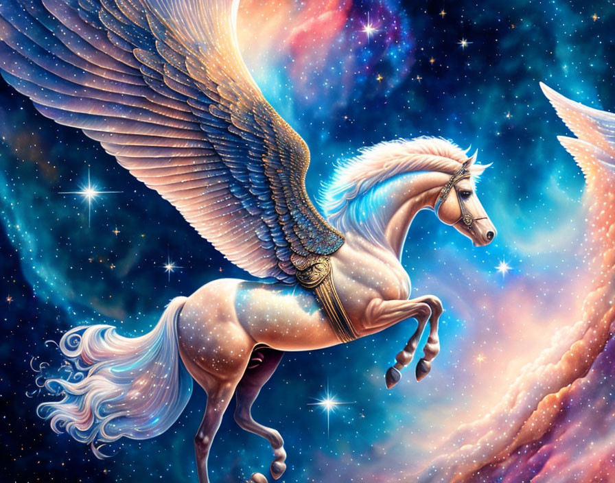 Majestic Pegasus soaring in starry galaxy with celestial sparkles