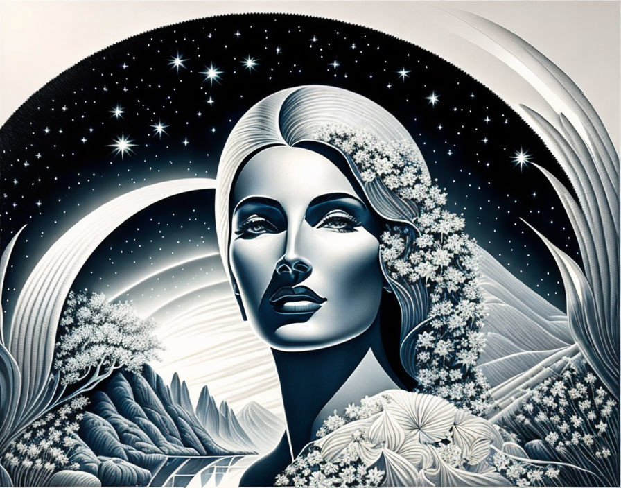 Monochrome woman's face art with cosmic and nature elements