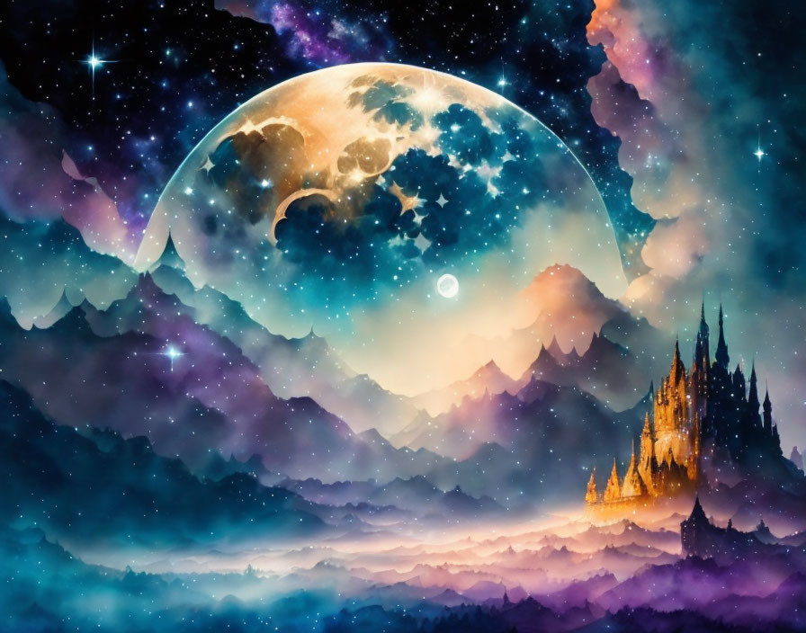 Fantasy landscape with large moon, colorful nebulae, stars, and silhouetted castle