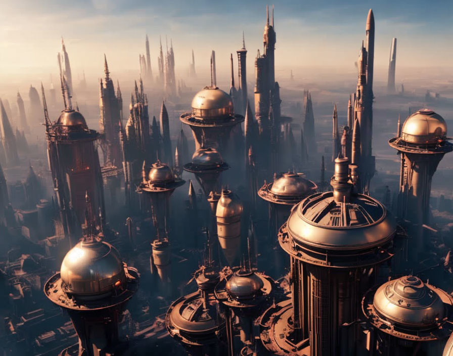 Futuristic cityscape with towering spires and domed structures in warm, hazy light