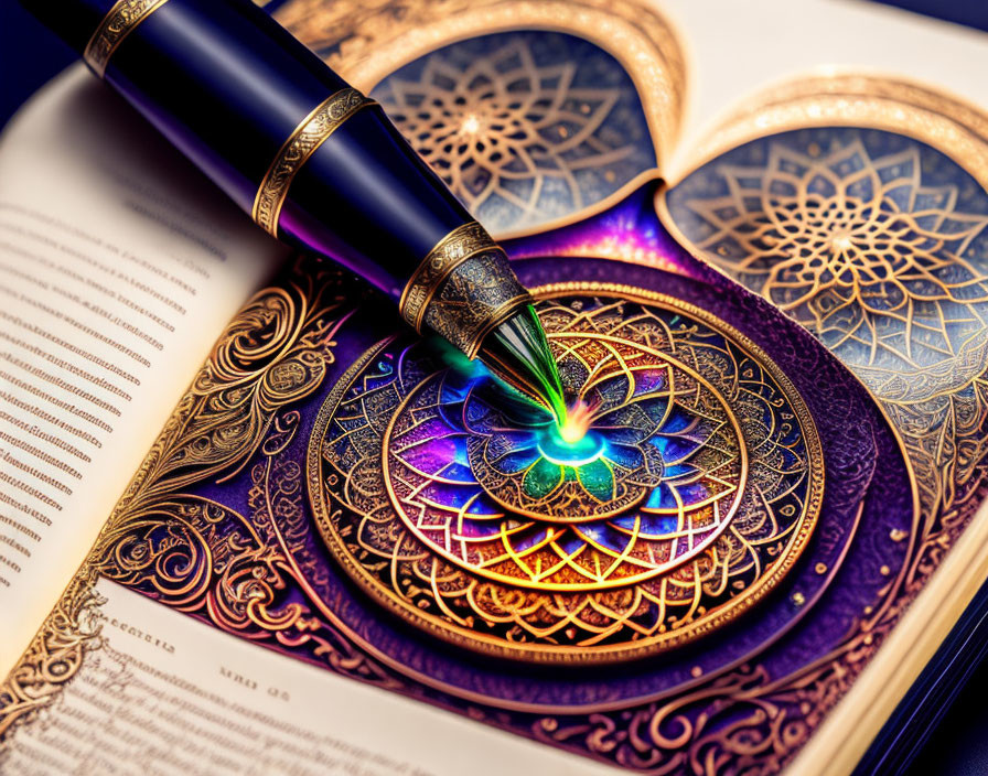 Blue and Gold Fountain Pen on Ornate Mandala Book Pages