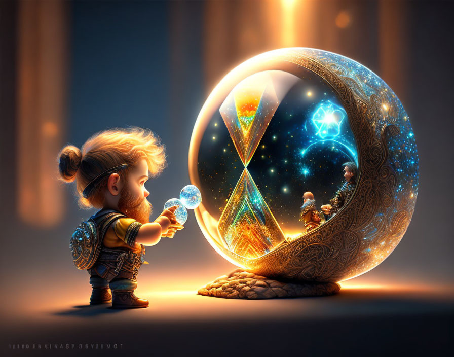 Child in armor gazes at cosmic orb with stars and magical structures, holding glowing lollipop