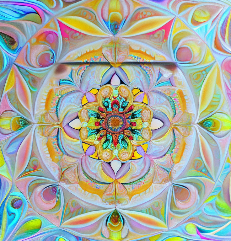 Symmetrical kaleidoscopic fractal image with vibrant colors.