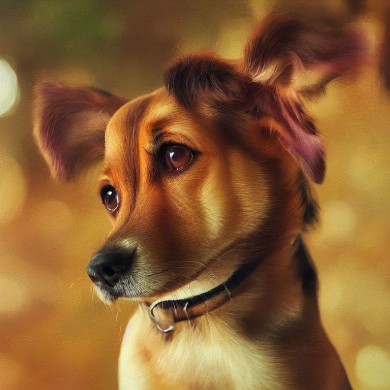 Floppy-eared dog with collar in golden-brown coat, set against autumnal backdrop.