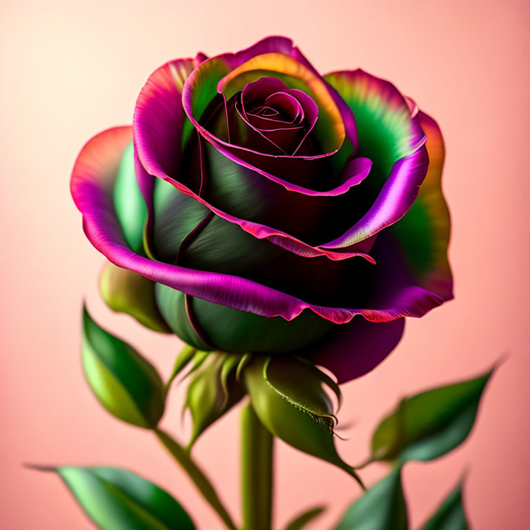 Digitally-enhanced multi-colored rose on soft pink background