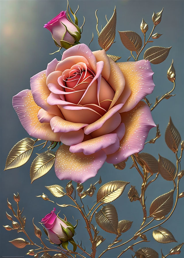 Large Pink Rose and Bud with Dewdrops in Digital Art