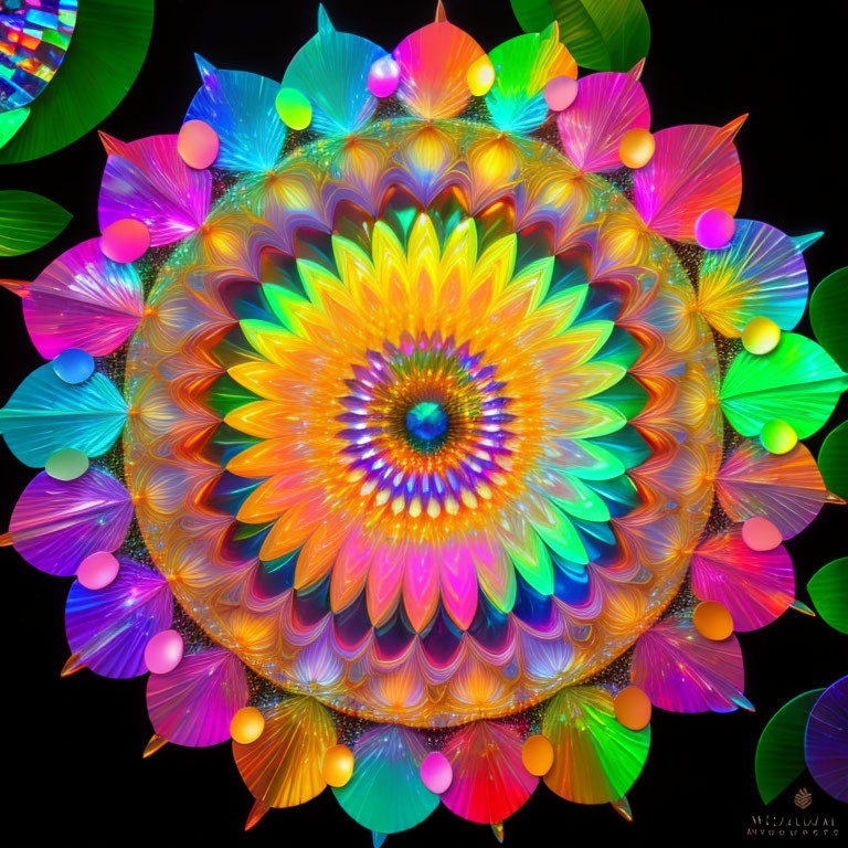 Colorful Kaleidoscope Pattern with Luminous Layers on Dark Background