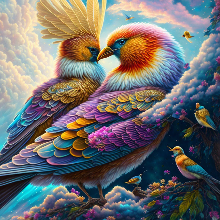 Colorful mythical birds touching beaks in dreamy backdrop