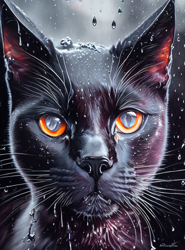 Black cat with orange eyes in raindrops on grey backdrop