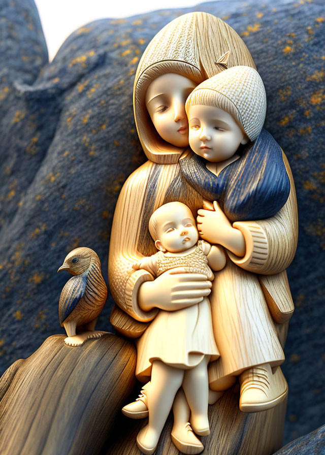 Carved wooden figurine of woman with baby, child, and bird on rocky background