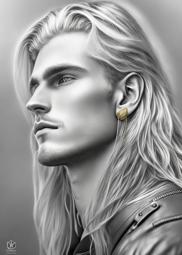 Monochromatic digital artwork of male figure with flowing hair