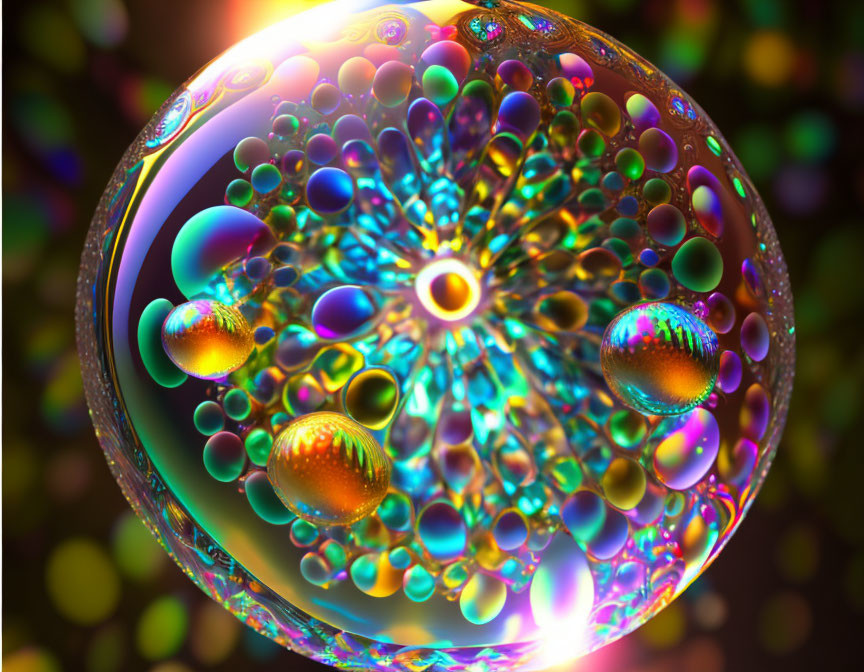 Colorful digital artwork: Large bubble with intricate patterns and smaller bubbles on bokeh background