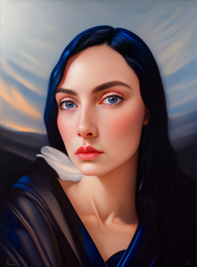 Portrait of woman with blue-black hair and fair skin against swirling background