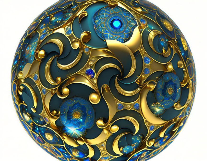 Detailed 3D Render of Ornate Golden Sphere with Blue Patterns