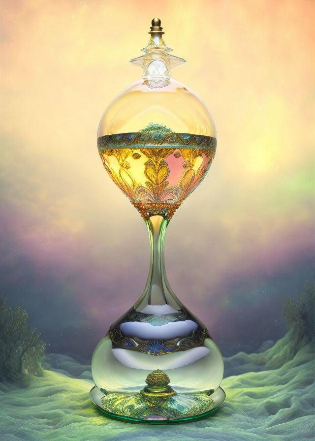 Ornate hourglass with decorative patterns on twilight sky background