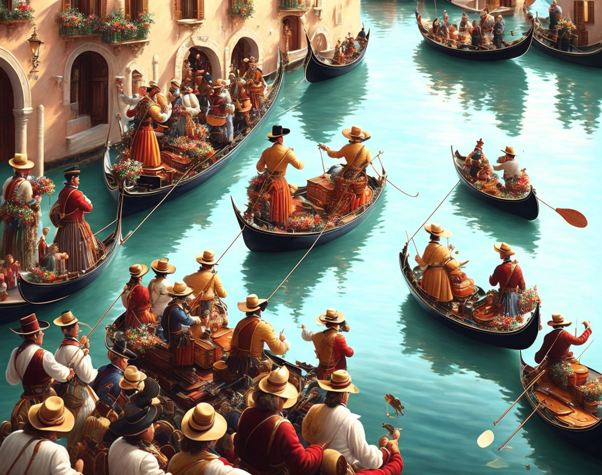 Historical Venice scene with gondoliers and adorned boats