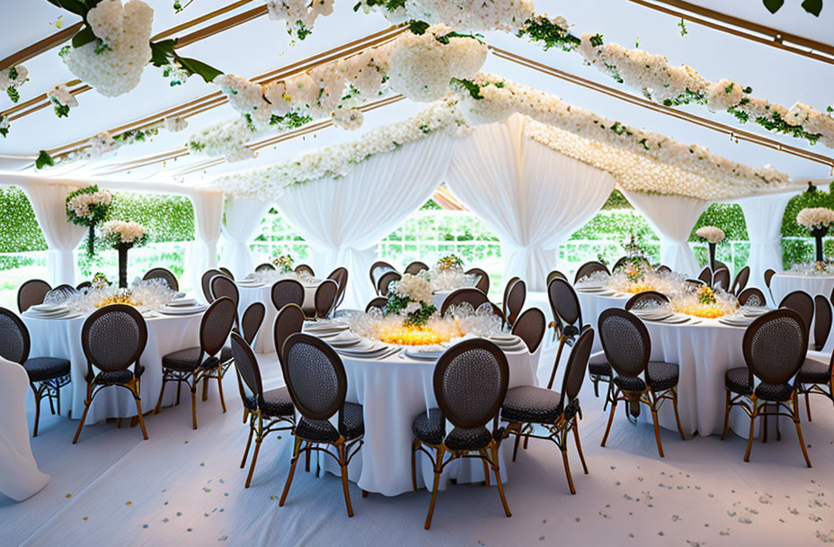 Elegant Wedding Reception Setup with Round Tables and Floral Arrangements