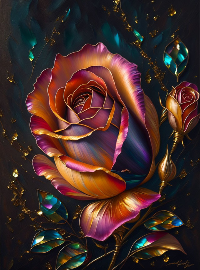 Colorful Rose with Gold Accents and Teal Adornments on Dark Background