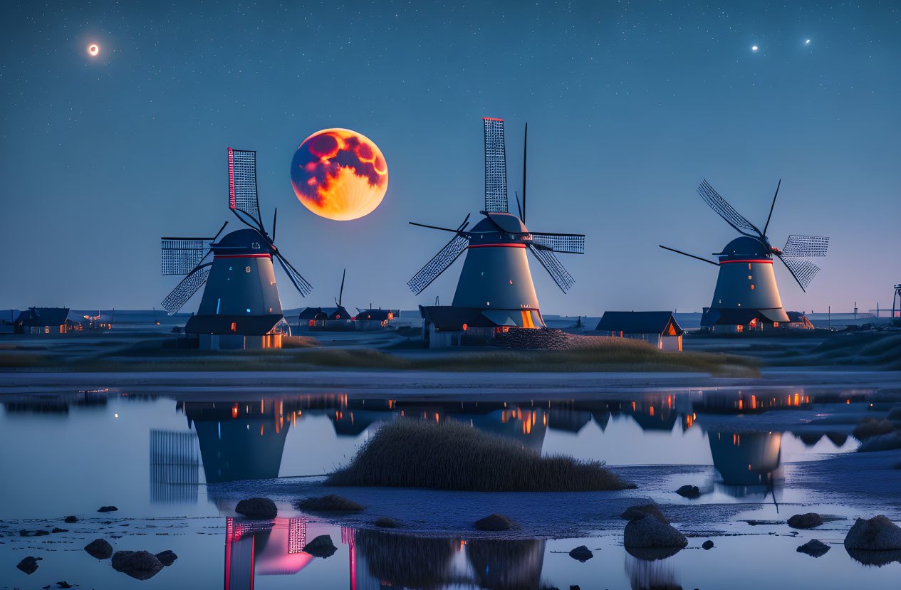 Scenic windmills by water at dusk with red moon & stars