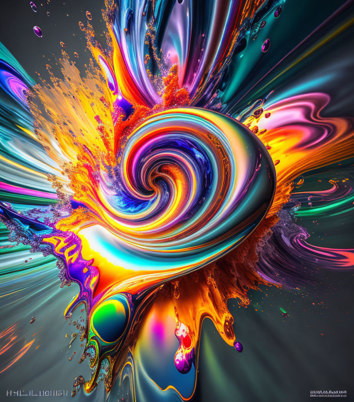 Colorful digital artwork: swirling vortex of iridescent colors & metallic textures