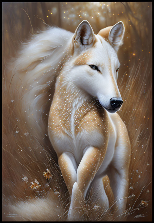 Majestic white wolf with golden spots in wheat-colored grass