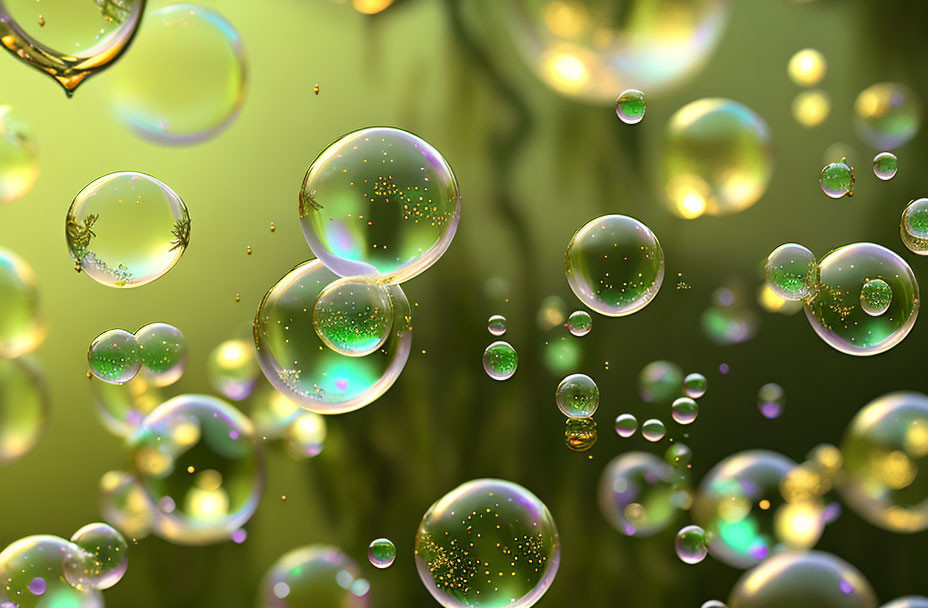 Reflective bubbles in green-gold light space