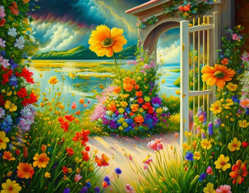 Colorful Garden Scene with River and Lightning Sky