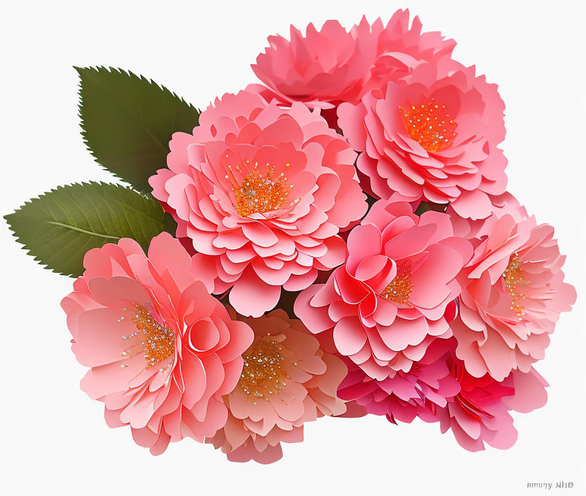 Stylized pink paper flowers with yellow centers and green leaves on white background