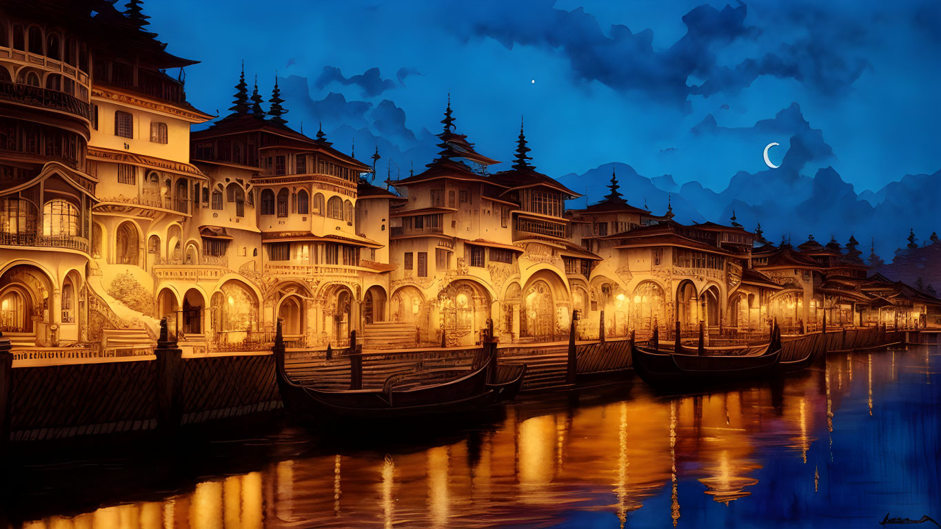 Ornate riverside town with traditional architecture at dusk