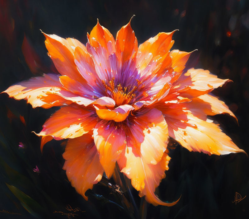 Colorful orange and yellow flower painting on dark background