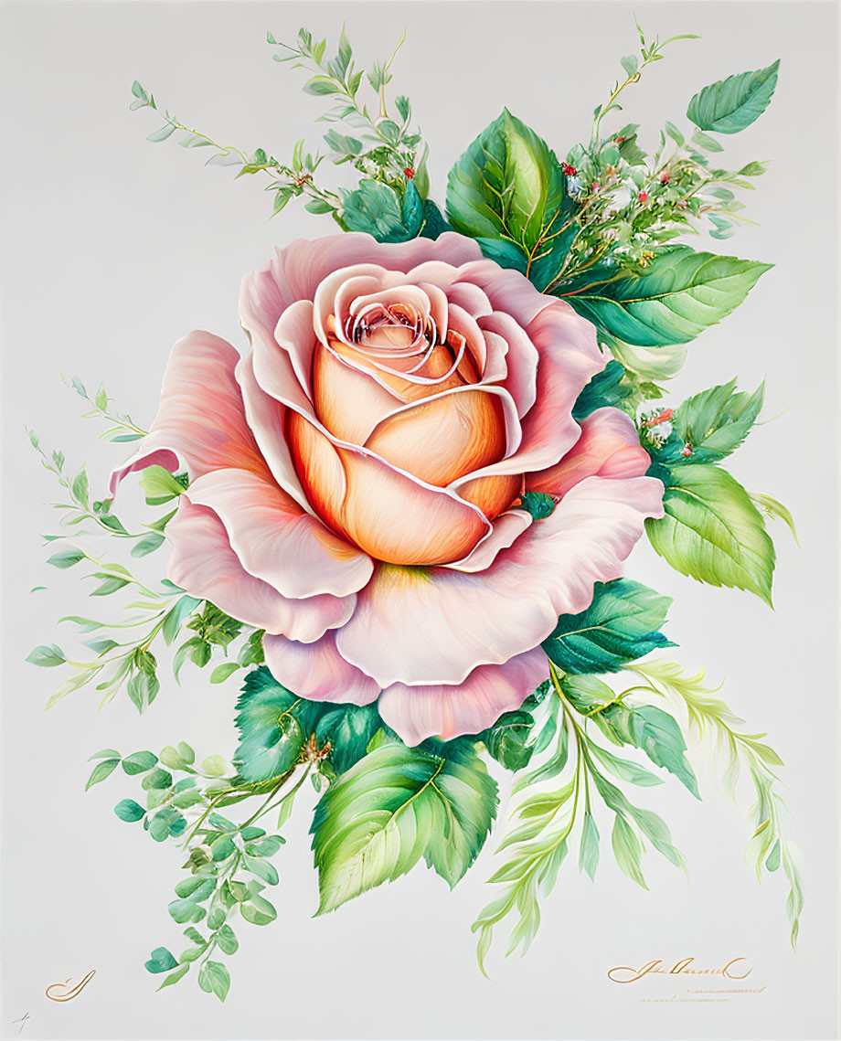 Detailed Pink Rose Illustration with Orange Center and Green Foliage