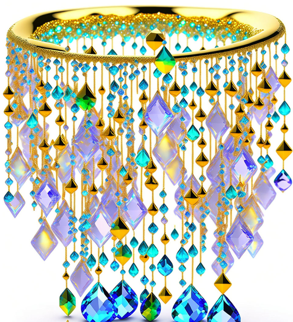 Golden Lampshade with Blue and Clear Crystal Chains