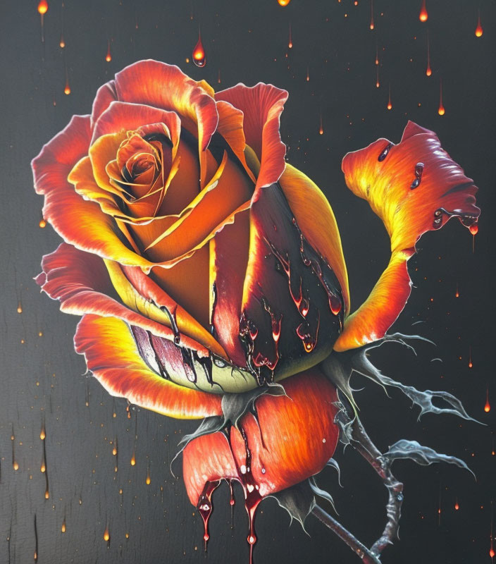 Colorful rose painting with red and yellow petals on dark background