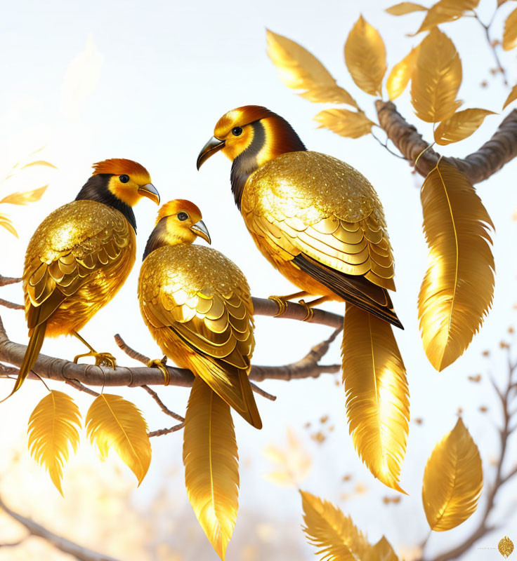 Three golden birds perched on branch with ornate feathers and golden leaves against light background