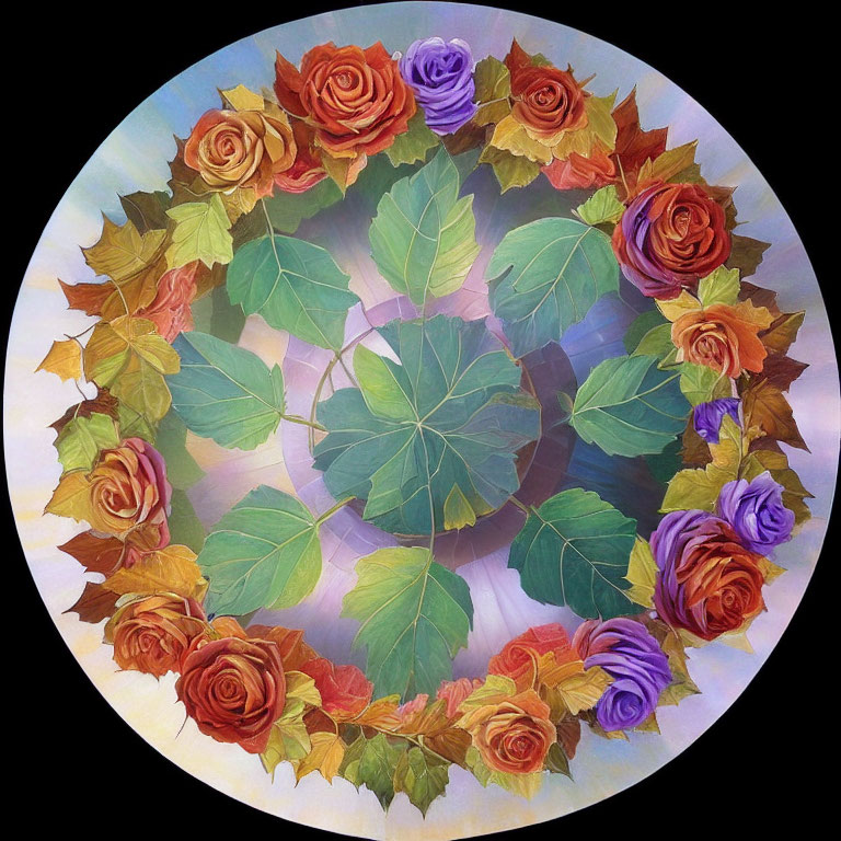 Circular Floral Mandala with Gradient Leaves and Ring of Roses in Red-Purple Shades