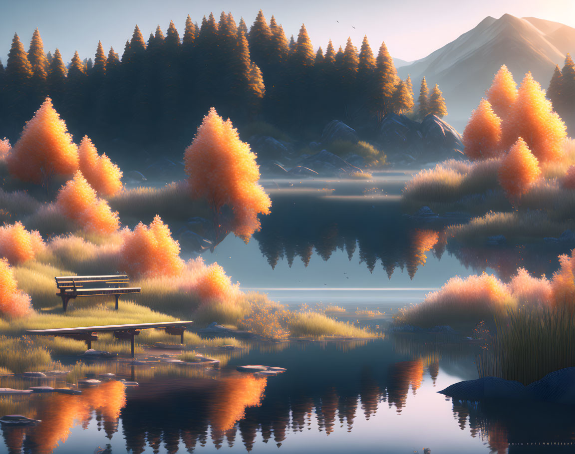 Tranquil sunrise lake scene with orange trees reflecting in water