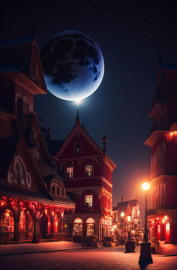 Traditional cobblestone street at night with warm lights and detailed moon.