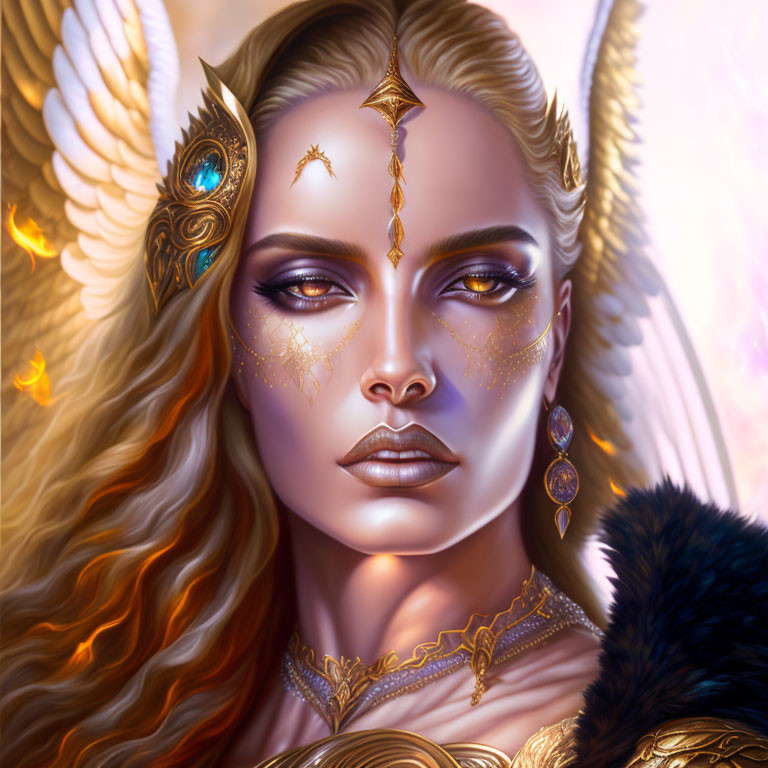 Fantasy-themed female illustration with golden jewelry and ornate headdress