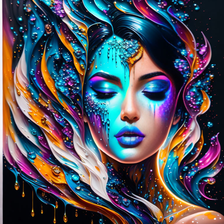 Colorful digital artwork of woman with swirling hair and jewel-toned makeup