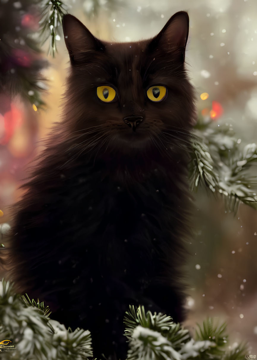 Black Cat with Yellow Eyes in Snowy Pine Branches and Christmas Lights